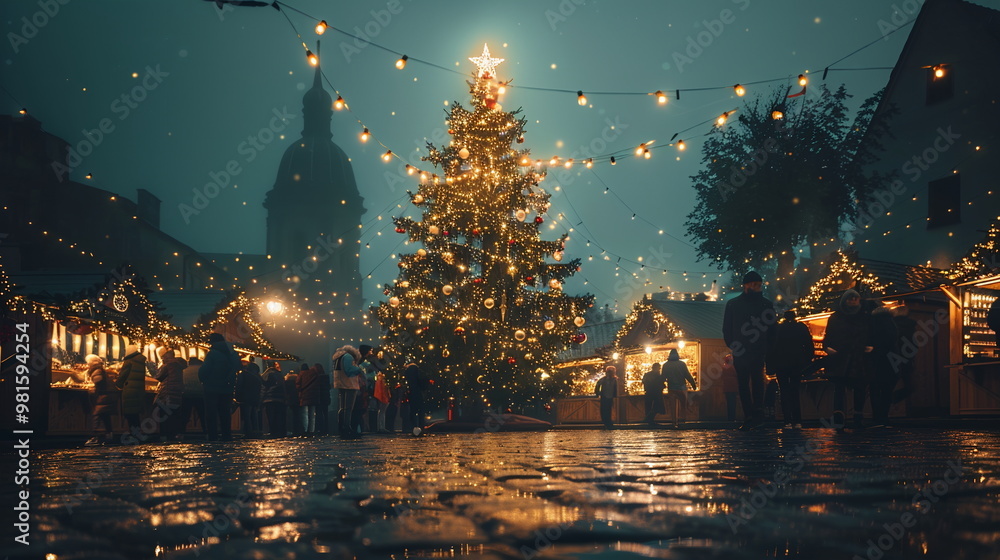 Community gathered in a town square for a Christmas tree lighting ceremony, with large tree decorated with lights and ornaments and a countdown to the big switch-on. Christmas and New Year traditions Community gathered in a town square for a Christmas tree lighting ceremony, with large tree decorated with lights and ornaments and a countdown to the big switch-on. Christmas and New Year traditions