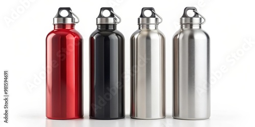 Four Stainless Steel Water Bottles in Red, Black, Silver and Brushed Silver, Water Bottle, Stainless Steel, Hydration photo