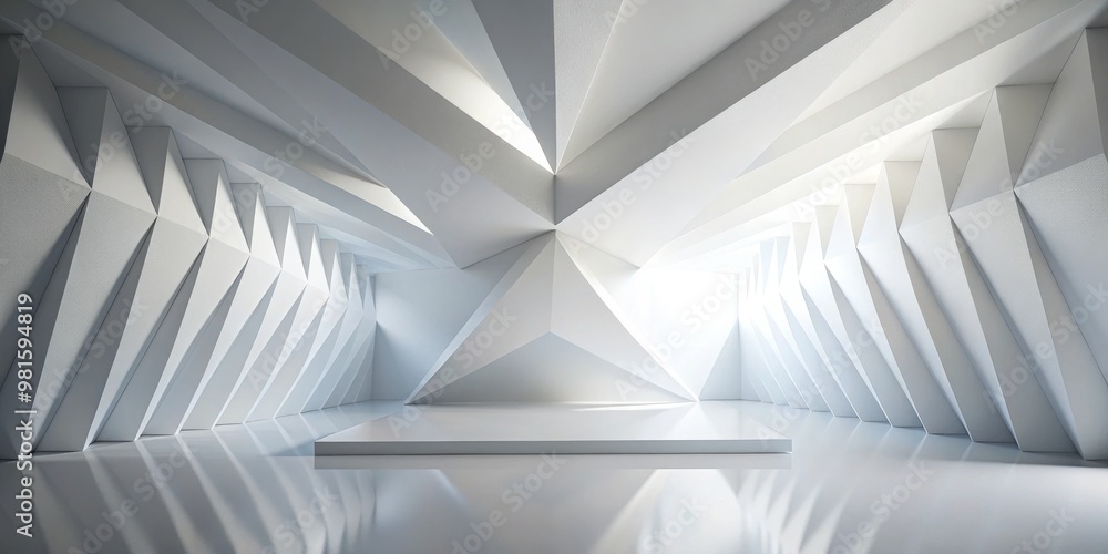 Naklejka premium Geometric White Abstract Room with Platform, Architecture, Interior Design, Minimalism