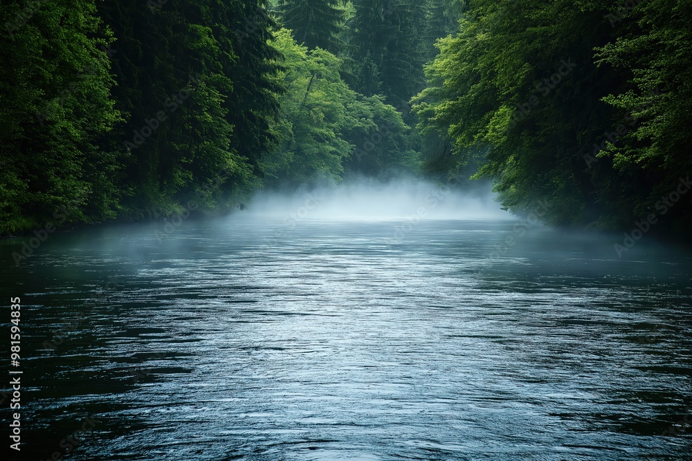 Misty river flowing through lush green forest in early morning light with fog hovering above the water\'s surface Misty river flowing through lush green forest in early morning light with fog hovering above the water\'s surface