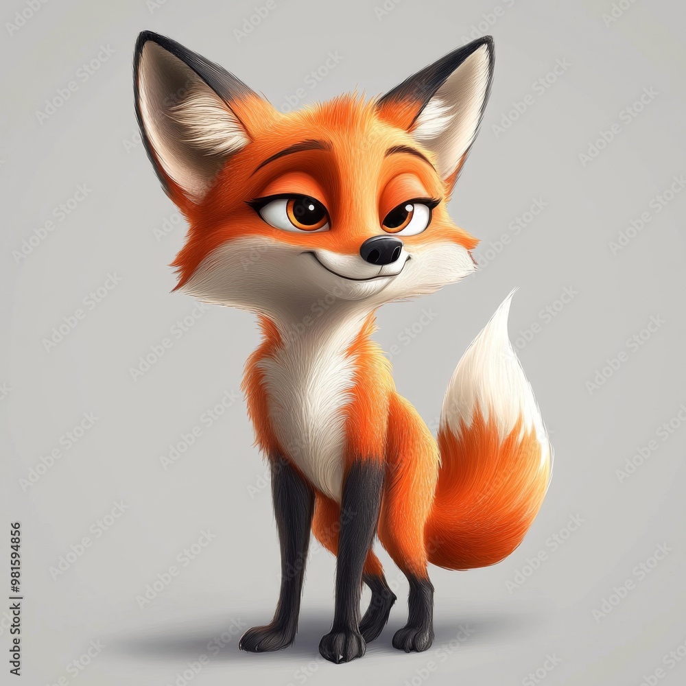 An adorable cartoon fox with a fluffy white tail and orange fur stands smiling, showcasing its large ears and expressive eyes in a soft, light grey background. An adorable cartoon fox with a fluffy white tail and orange fur stands smiling, showcasing its large ears and expressive eyes in a soft, light grey background.