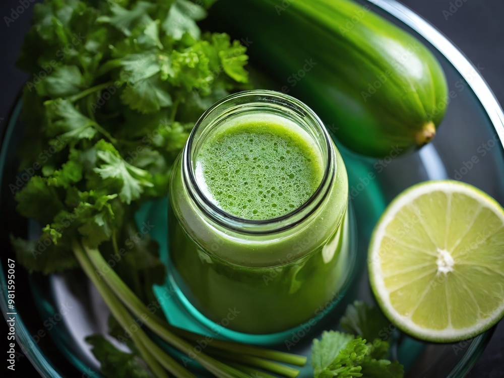 Refreshing green smoothie made with cucumber, cilantro, and lime on a dark background with fresh ingredients Refreshing green smoothie made with cucumber, cilantro, and lime on a dark background with fresh ingredients