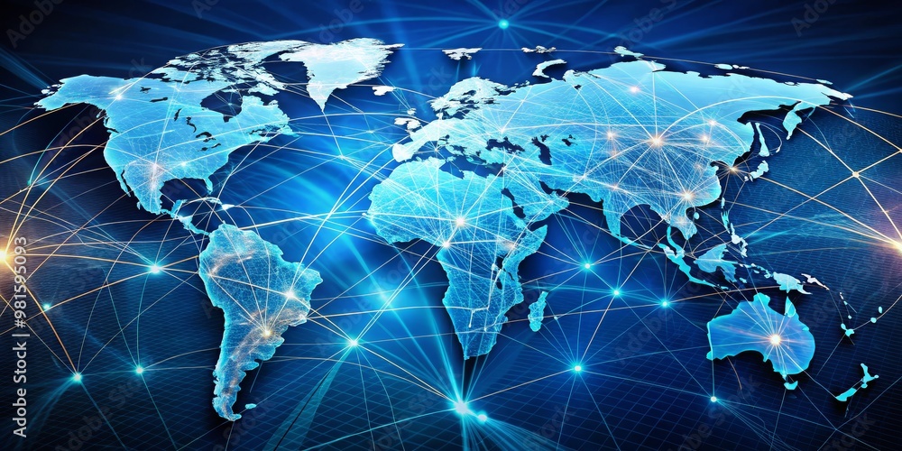 Fototapeta premium Global Network with Light Trails, Digital Illustration, World Map, Technology, Internet, Connectivity