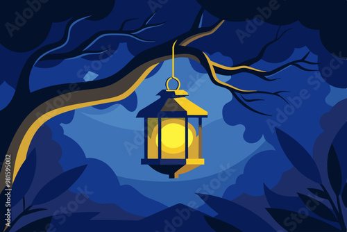 Lámpara colgante encendida en un árbol en medio de la oscuridad nocturna, iluminando el entorno con una luz suave.