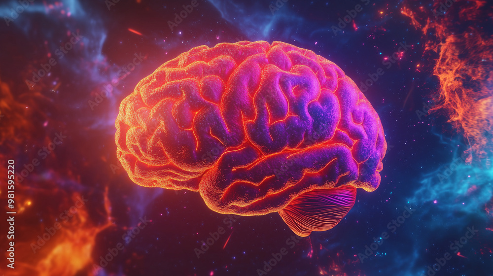 Glowing Neon Brain Floating in a Cosmic Nebula Glowing Neon Brain Floating in a Cosmic Nebula