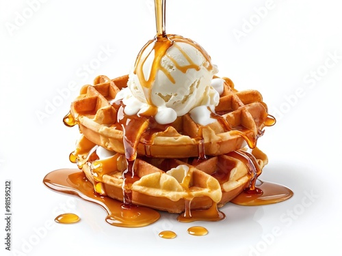 Delicious stack of waffles topped with vanilla ice cream and drizzled with syrup on a white background