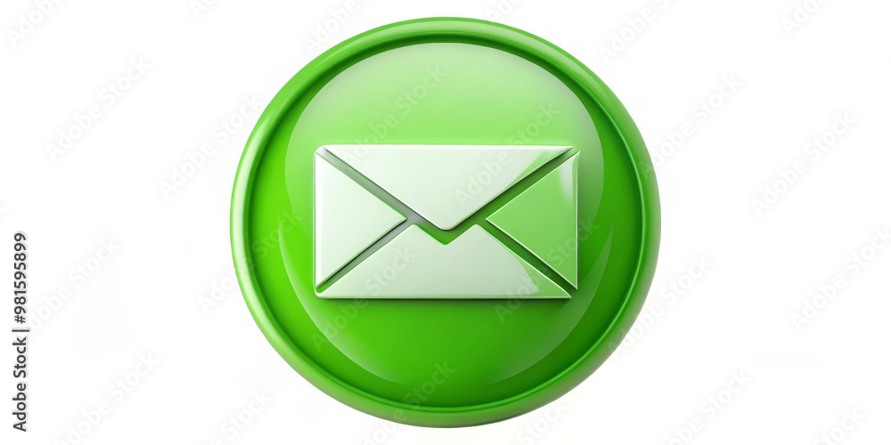 Green Glossy Email Icon, 3D Render, White Background, Email, Icon, Communication Green Glossy Email Icon, 3D Render, White Background, Email, Icon, Communication