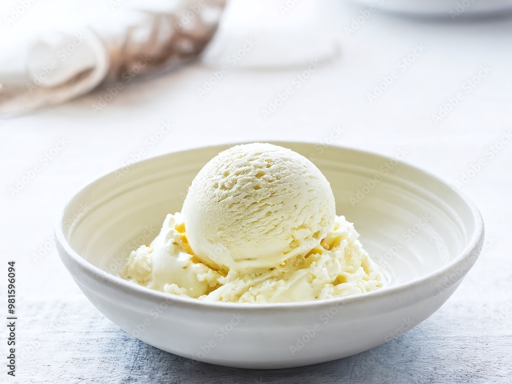 Delicious vanilla ice cream served in a simple white bowl atop a wooden table in a cozy kitchen setting Delicious vanilla ice cream served in a simple white bowl atop a wooden table in a cozy kitchen setting