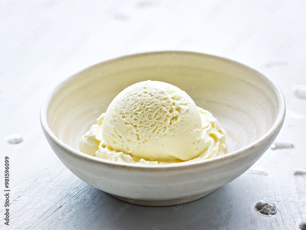 A single scoop of creamy vanilla ice cream served in a simple, elegant bowl on a light surface A single scoop of creamy vanilla ice cream served in a simple, elegant bowl on a light surface