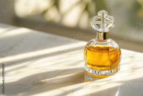 a glass bottle of anointing oil with a cross-shaped stopper, placed on a white marble surface