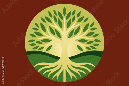 Representación estilizada de un árbol de la vida en un círculo verde y marrón, simbolizando la naturaleza y el crecimiento.
