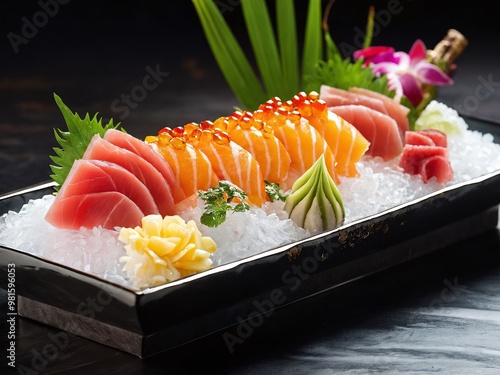 Sushi platter featuring assorted sashimi and decorative garnishes displayed elegantly with vibrant colors and textures