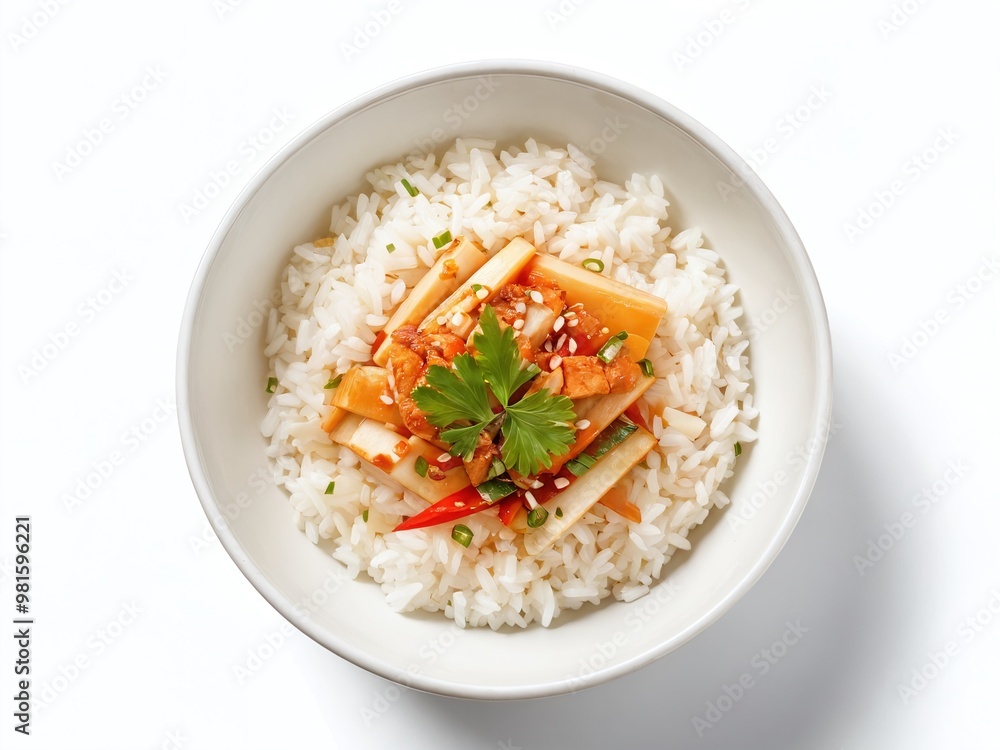 Bowl of white rice topped with cucumber, carrots, chicken, and herbs served in a simple white dish Bowl of white rice topped with cucumber, carrots, chicken, and herbs served in a simple white dish