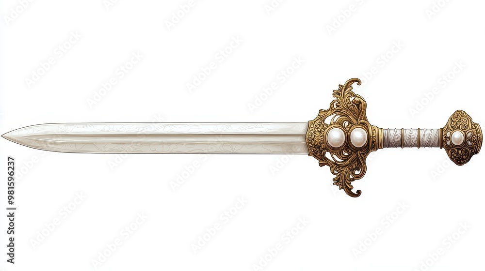An ornate sword featuring an intricately designed handle and a polished blade, symbolizing elegance and craftsmanship, white background