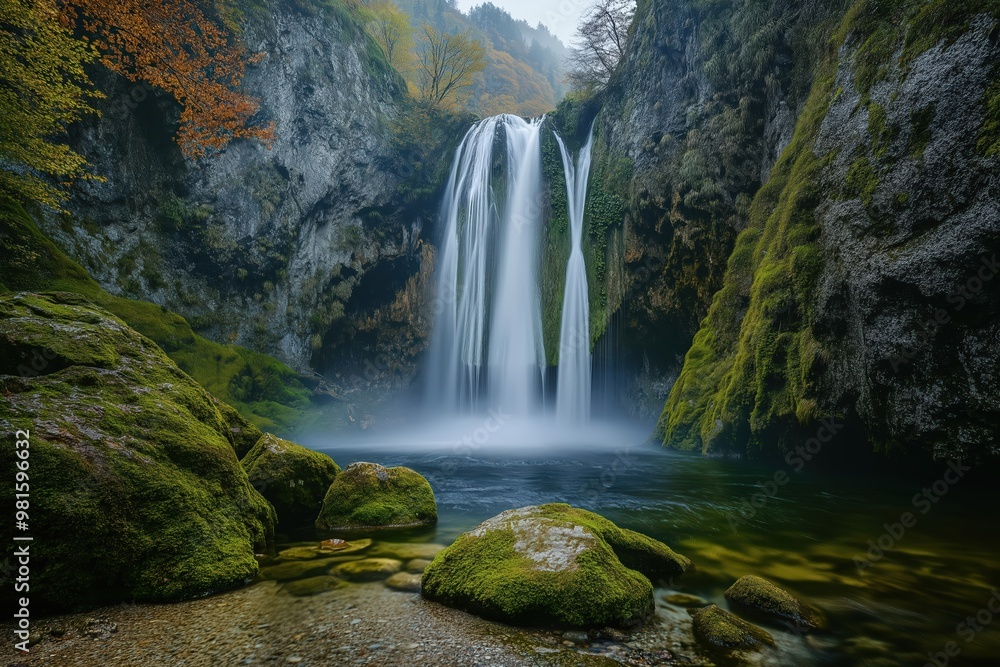 Fototapeta premium Majestic waterfall cascading into a serene pool surrounded by lush greenery and rocky cliffs on a misty autumn day