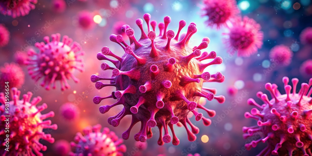 Microscopic View of a Coronavirus, 3D Render, Pink and Red, Virus, Pandemic, Infection Microscopic View of a Coronavirus, 3D Render, Pink and Red, Virus, Pandemic, Infection