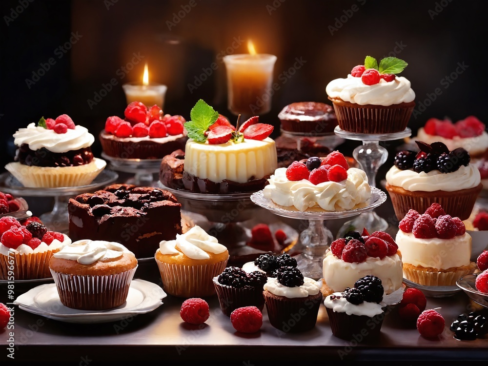 A delightful spread of assorted desserts featuring cakes, cupcakes, and fresh raspberries, elegantly arranged with soft candlelight A delightful spread of assorted desserts featuring cakes, cupcakes, and fresh raspberries, elegantly arranged with soft candlelight