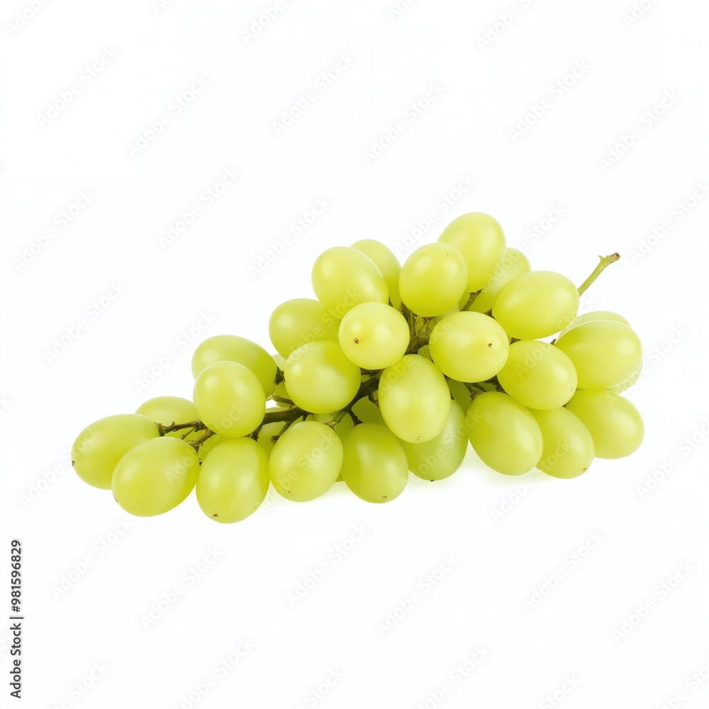 Fresh green grapes arranged neatly on a white background, showcasing their plumpness and vibrant color as a healthy snack option Fresh green grapes arranged neatly on a white background, showcasing their plumpness and vibrant color as a healthy snack option