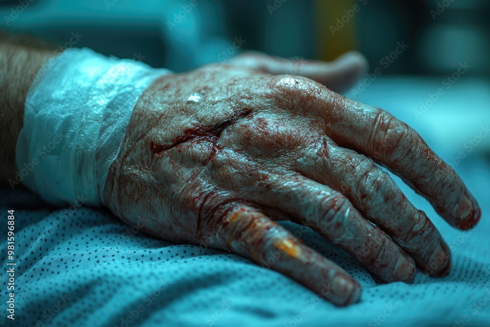 Close-Up of Sportsman with Injured Hand in Hospital, Receiving Medical Care and Treatment