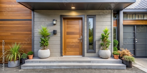 Modern Home Entrance with Wooden Door and Greenery, home design, exterior design, modern architecture