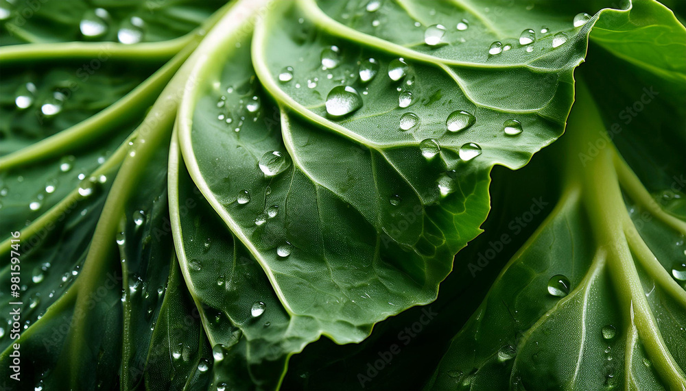 Obraz premium close up of a fresh green cabbage leaf with water drops on it