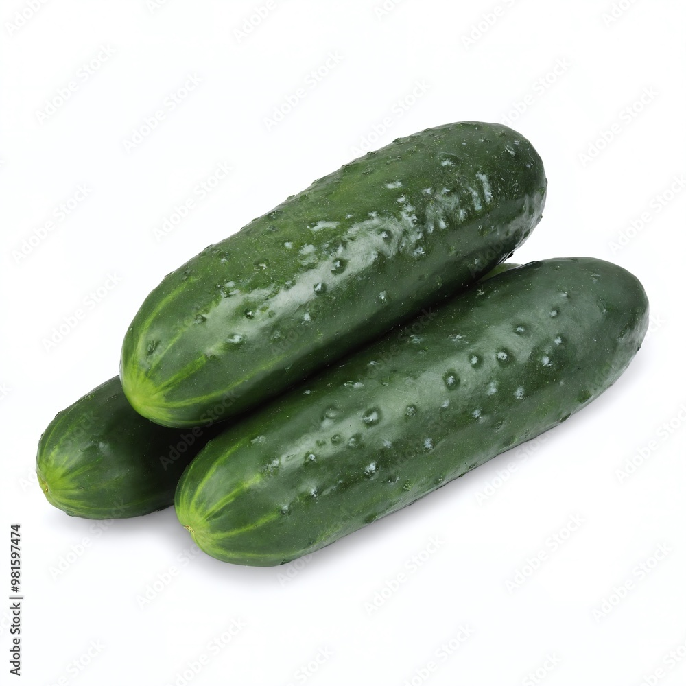 Freshly harvested cucumbers displaying vibrant green color and natural sheen on clean white background Freshly harvested cucumbers displaying vibrant green color and natural sheen on clean white background