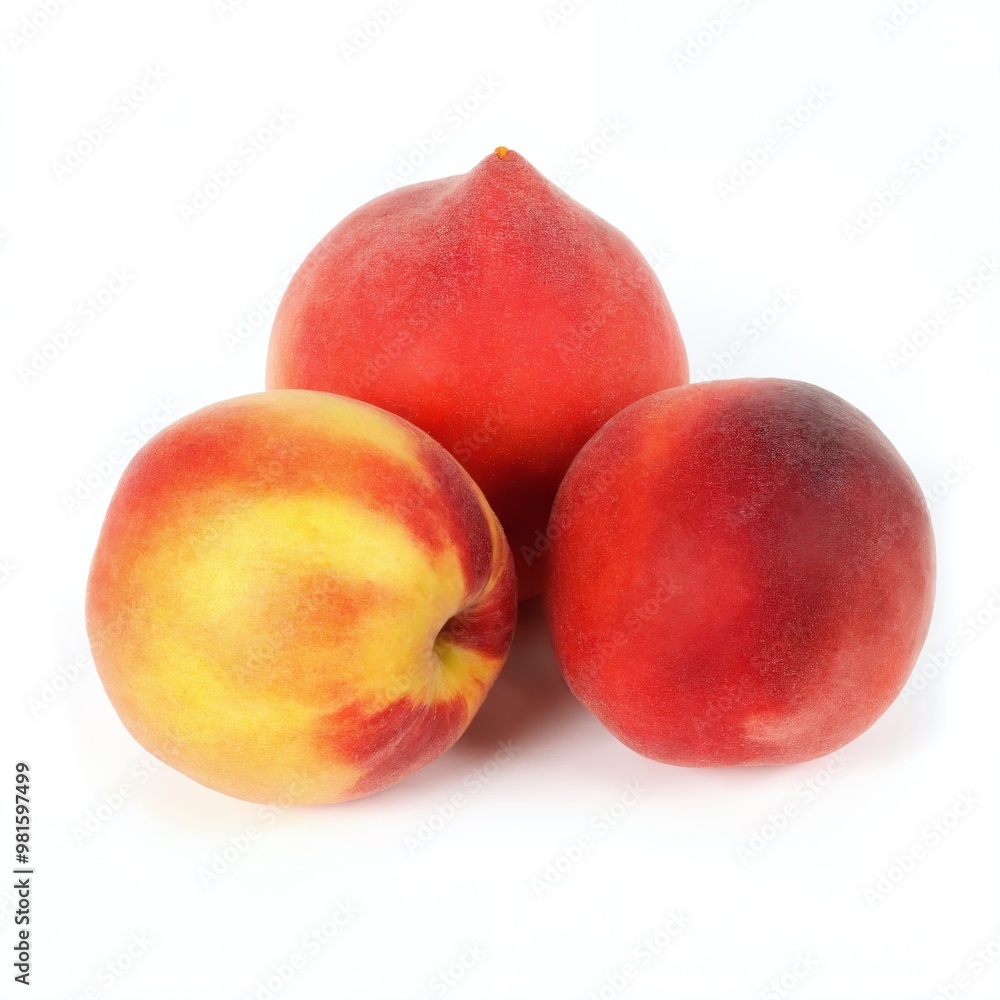 Fresh, ripe peaches arranged together on a plain white background highlighting their vibrant colors and smooth textures Fresh, ripe peaches arranged together on a plain white background highlighting their vibrant colors and smooth textures