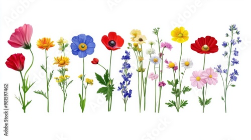 A vibrant and diverse collection of colorful wildflowers of various species, displayed in a neat, organized lineup, capturing the essence of nature's beauty and diversity. photo