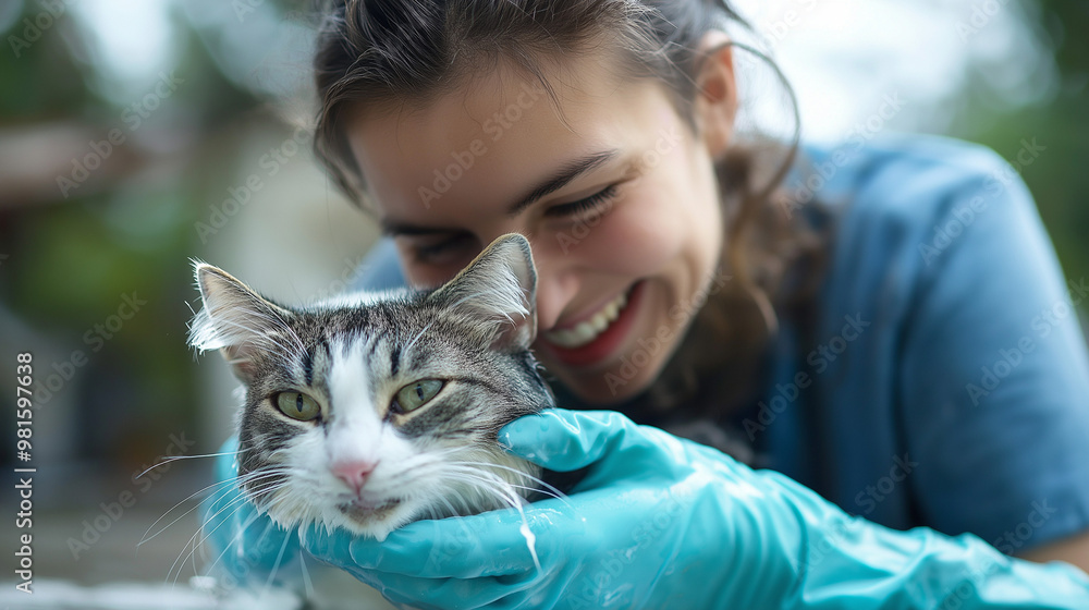volunteer with with gloves washing a cute cat ,Woman shampooing a cat volunteer with with gloves washing a cute cat ,Woman shampooing a cat