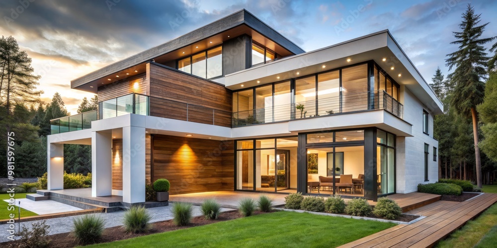 Modern Minimalist Home Design with Wood Accents and Large Windows, Sunset Sky, Exterior, Landscape, Architecture, Home Design