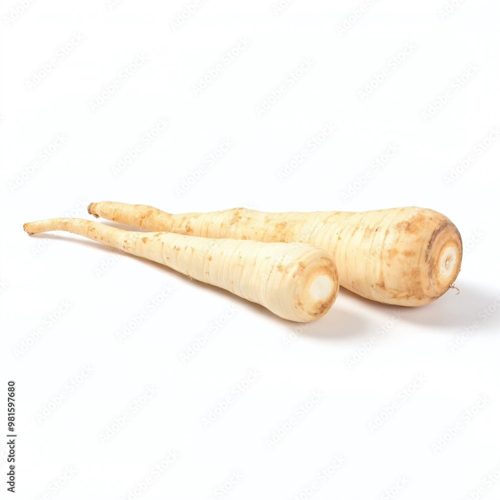 Fresh parsnips laying on a white background, showcasing their smooth texture and natural form in a minimalistic style Fresh parsnips laying on a white background, showcasing their smooth texture and natural form in a minimalistic style