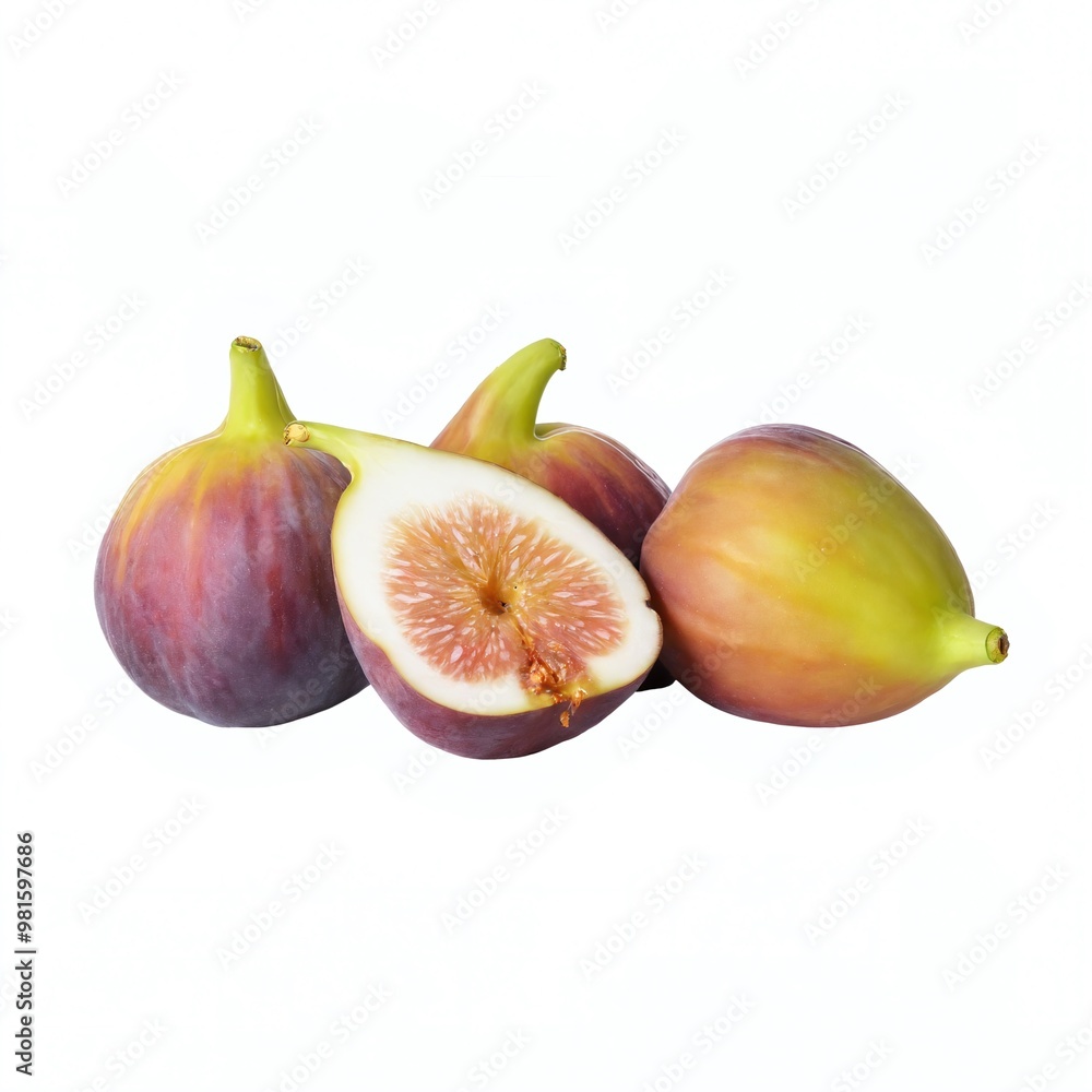 Freshly harvested figs on a clean surface, showcasing one cut open to reveal its pink interior and seeds