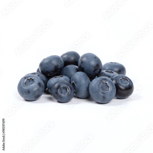 Fresh blueberries piled together on a white background, highlighting their rich color and natural sheen in bright lighting