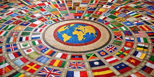 Fototapeta Naklejka Na Ścianę i Meble -  Mosaic of Flags Encircling the World, Mosaic Art, International, Global Unity, World Flags