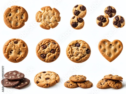 A variety of freshly baked cookies arranged on a white background, showcasing different shapes and flavors for dessert lovers