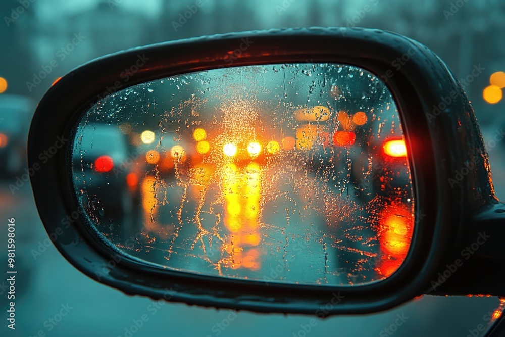 View from Inside Car: Steamy Side Mirror and Condensation on Window View from Inside Car: Steamy Side Mirror and Condensation on Window