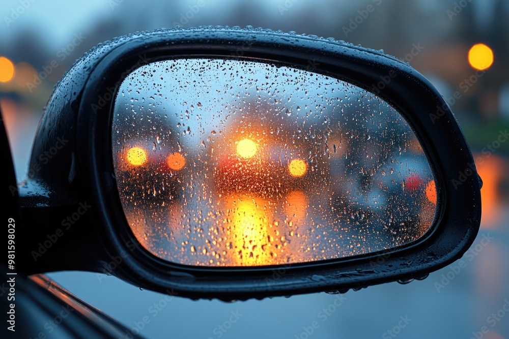 View from Inside Car: Steamy Side Mirror and Condensation on Window View from Inside Car: Steamy Side Mirror and Condensation on Window