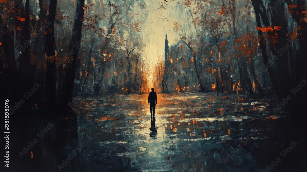 A solitary silhouette walks through a serene, autumnal forest with a distant church spire illuminated by a warm light, representing solitude and contemplation at dusk. A solitary silhouette walks through a serene, autumnal forest with a distant church spire illuminated by a warm light, representing solitude and contemplation at dusk.