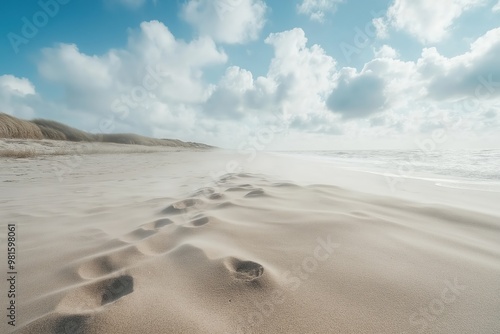 Serene beach with footprints in soft sand under a blue sky and fluffy clouds during a tranquil afternoon