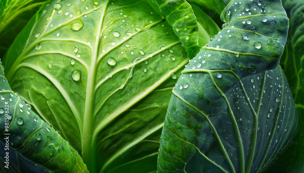 Fototapeta premium close up of a fresh green cabbage leaf with water drops on it