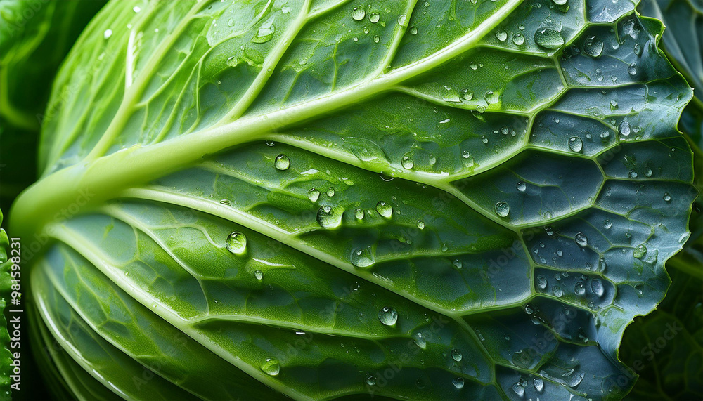 Fototapeta premium close up of a fresh green cabbage leaf with water drops on it