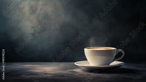 A steaming white cup of coffee sits on a dark, textured surface, with a moody, foggy background that contrasts the warmth and coziness of the hot beverage captured artfully.