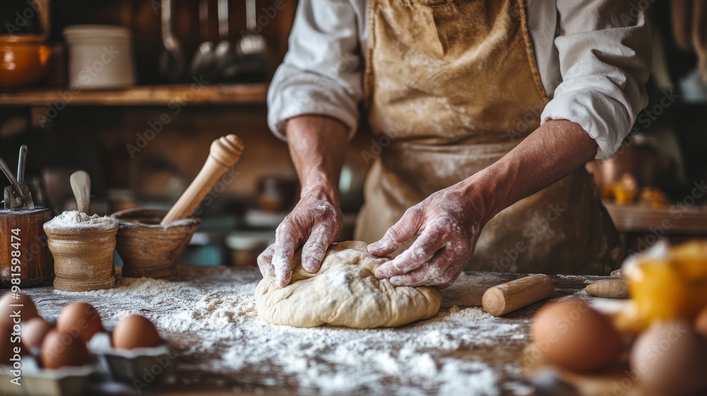 A person in an apron kneads dough on a floured wooden surface, surrounded by various baking ingredients and kitchen utensils, creating a rustic baking scene. A person in an apron kneads dough on a floured wooden surface, surrounded by various baking ingredients and kitchen utensils, creating a rustic baking scene.