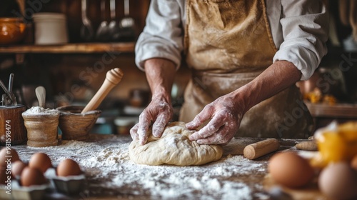 A person in an apron kneads dough on a floured wooden surface, surrounded by various baking ingredients and kitchen utensils, creating a rustic baking scene.