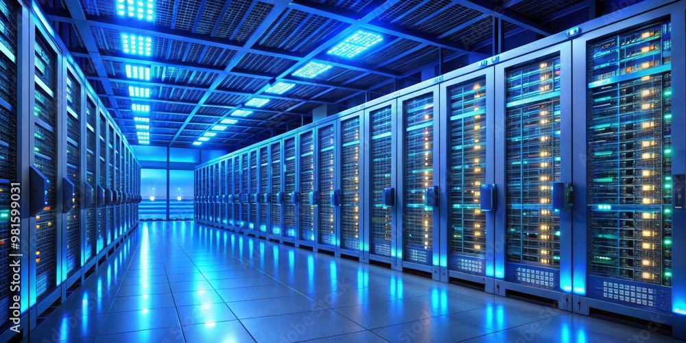 Fototapeta premium Server Room with Blue Lights and Glowing Panels, data center, server, technology