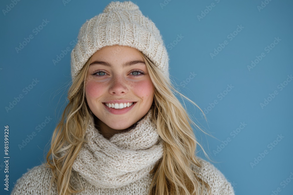 A friendly Nordic woman with a toothless smile poses casually in a cozy winter outfit against a blue background A friendly Nordic woman with a toothless smile poses casually in a cozy winter outfit against a blue background