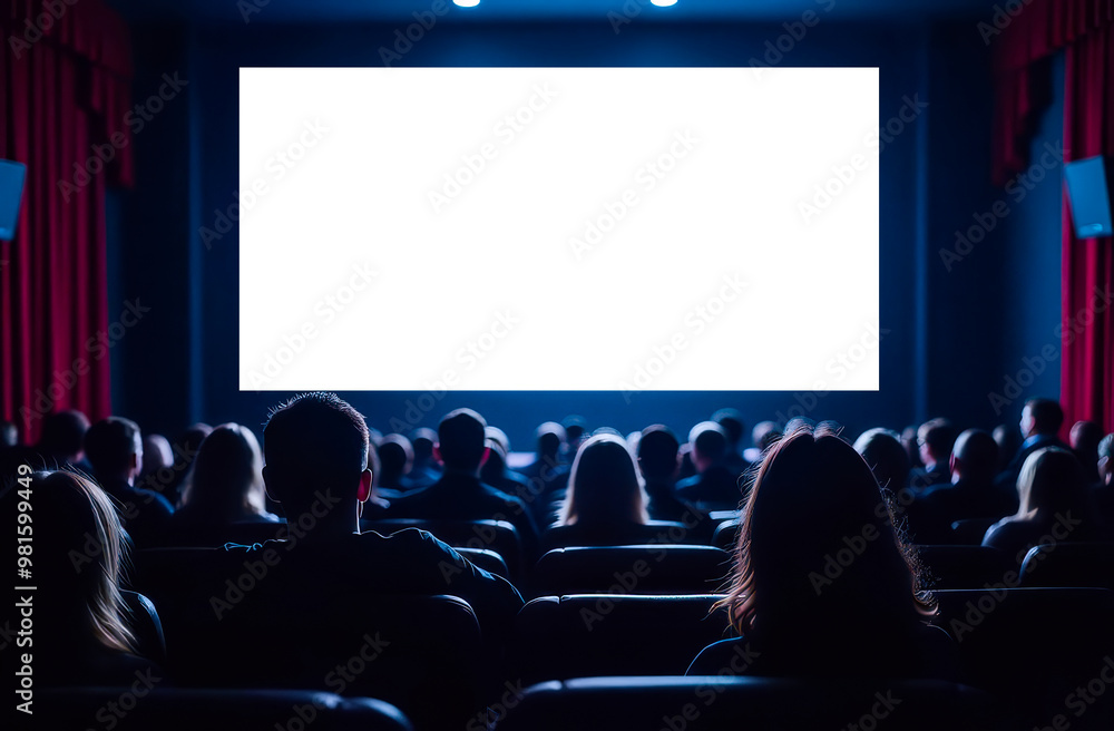 Obraz premium People in the cinema watching a movie. Blank empty white screen. People silhouettes in the cinema