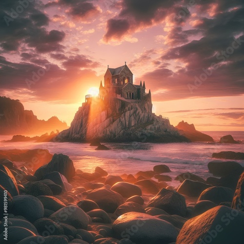  Large rocks natural monument Piedra de Iglecias Church stone on Chilean coast in Constitucion in sunset.