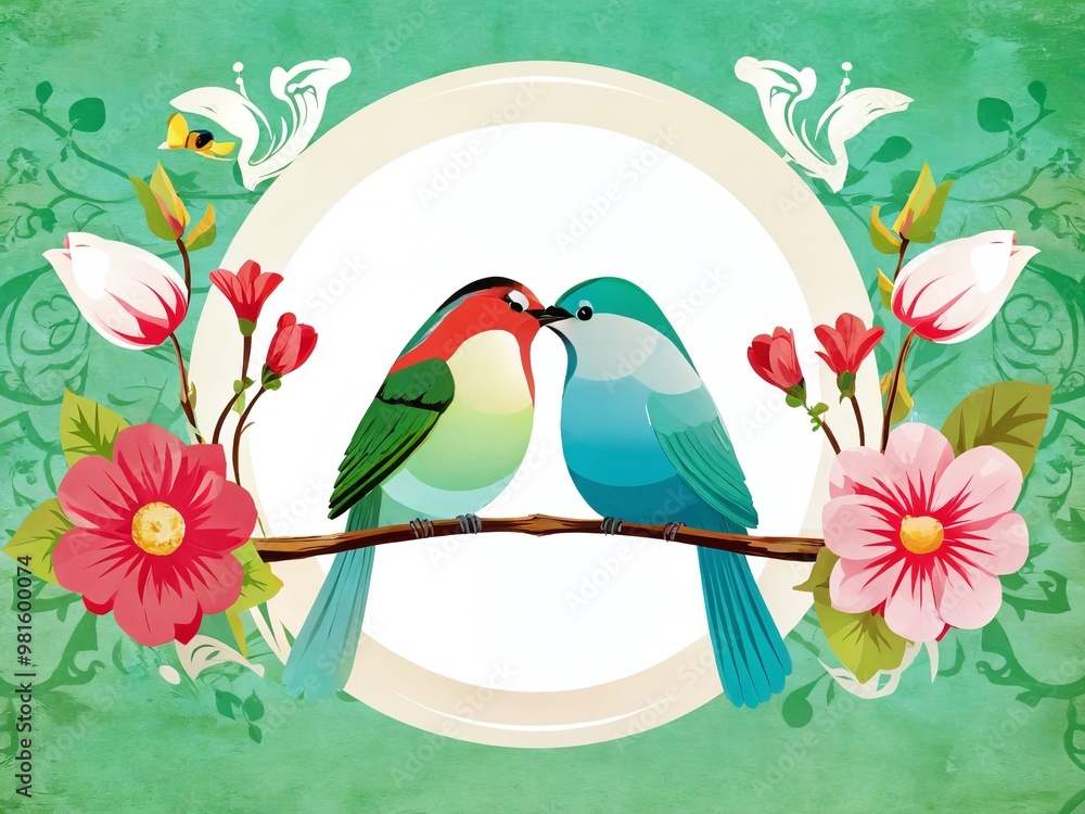 Naklejka premium Colorful birds kissing on a branch surrounded by flowers in a vibrant spring setting
