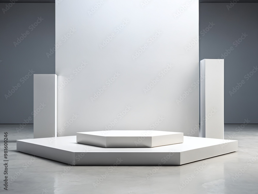 Minimalist exhibition space with hexagonal platform and white walls in a modern gallery setting Minimalist exhibition space with hexagonal platform and white walls in a modern gallery setting